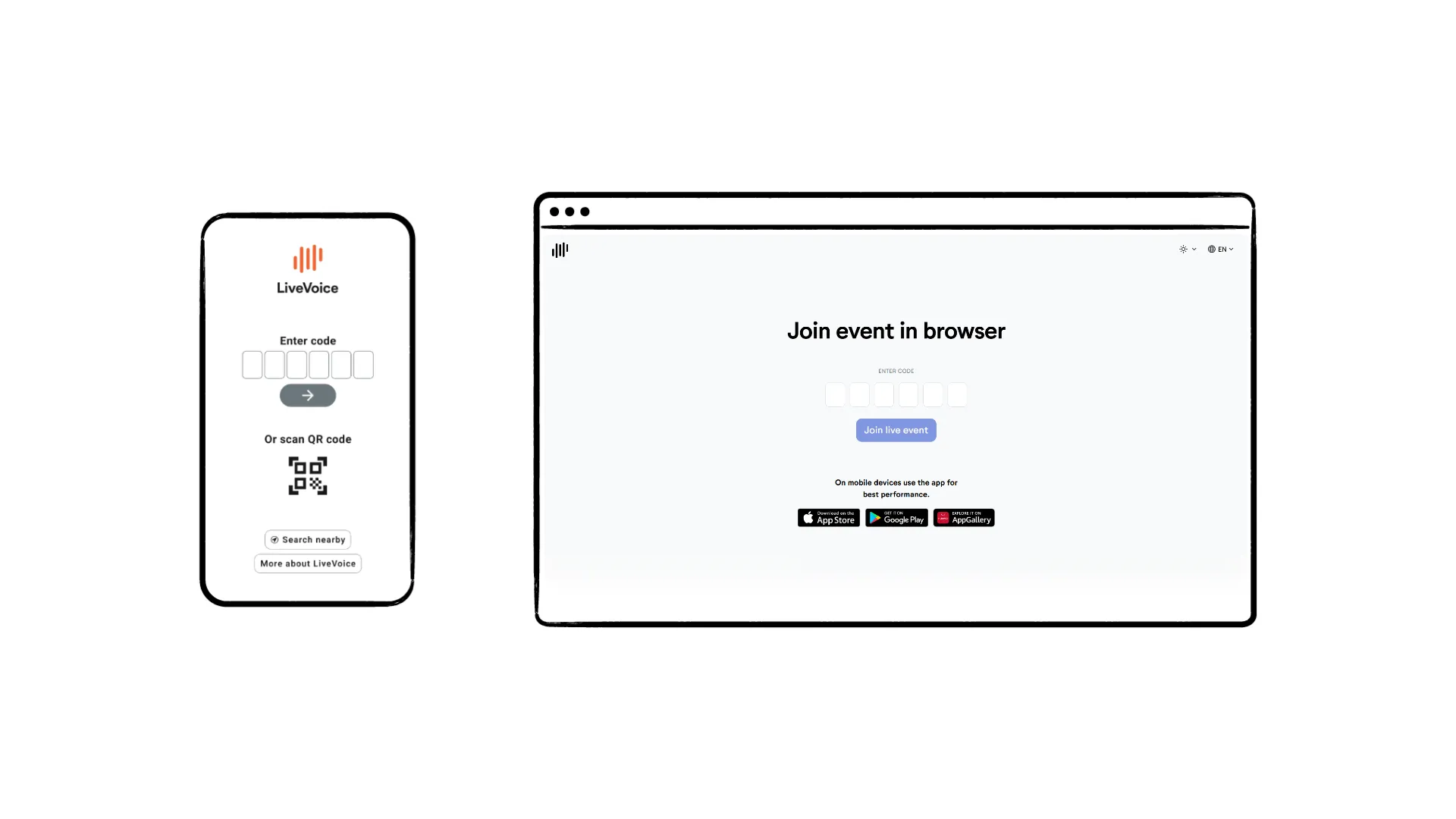 LiveVoice Join Screens on smartphone and computer