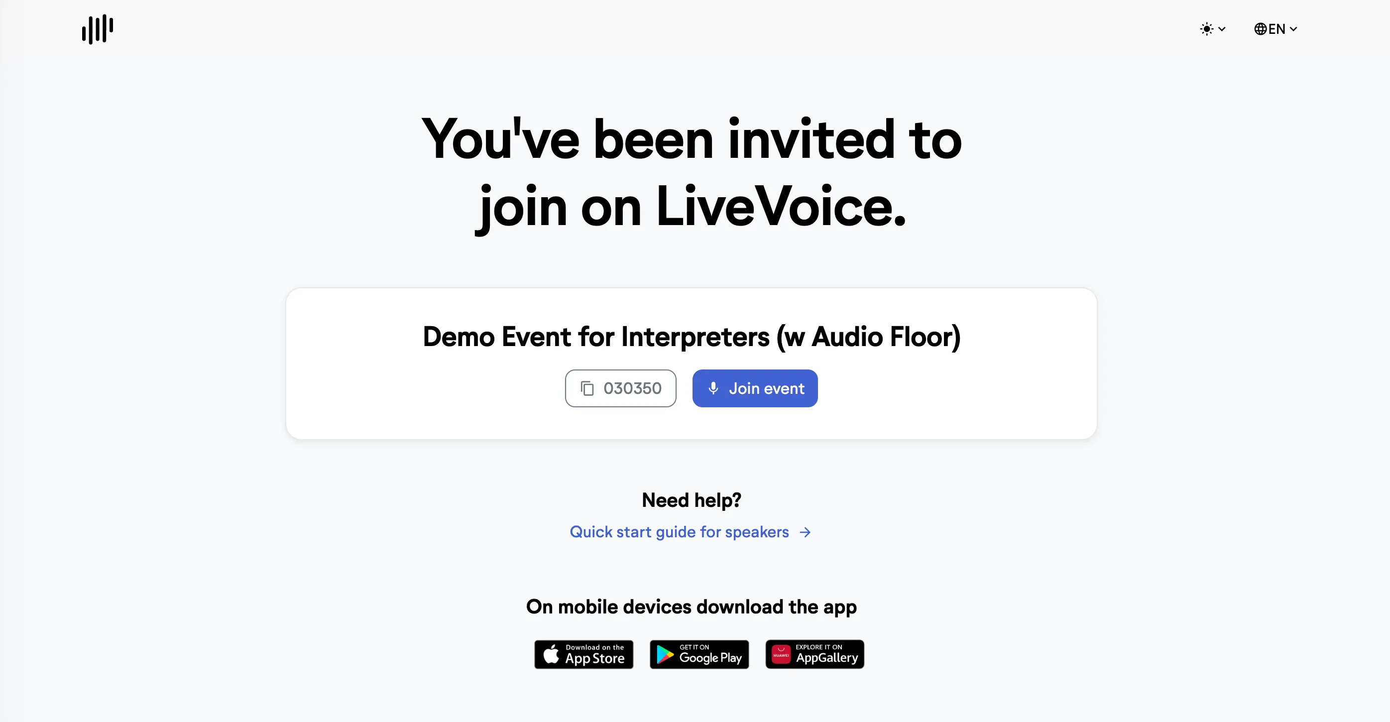 LiveVoice join page for speakers