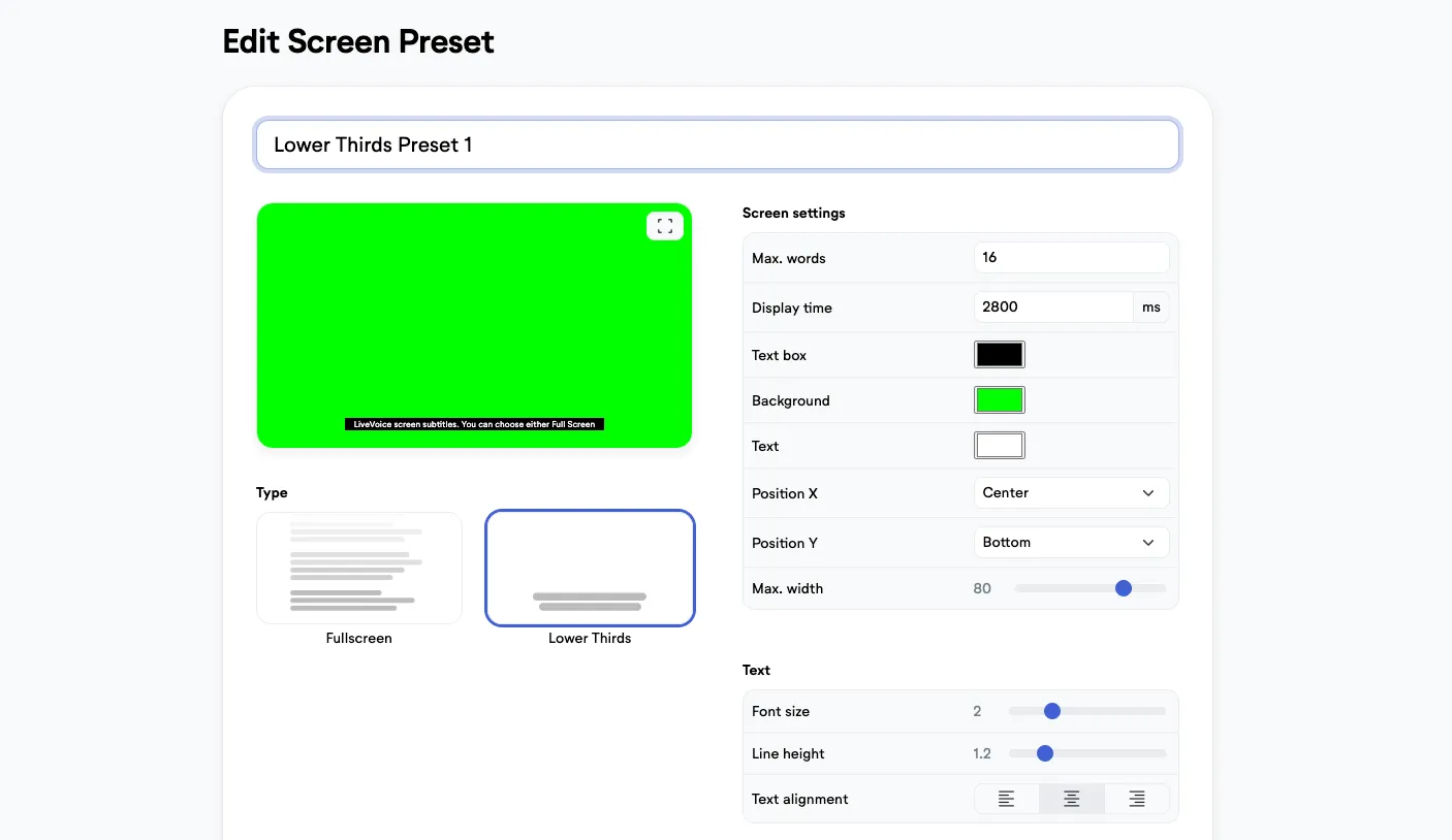 Screen Preset settings