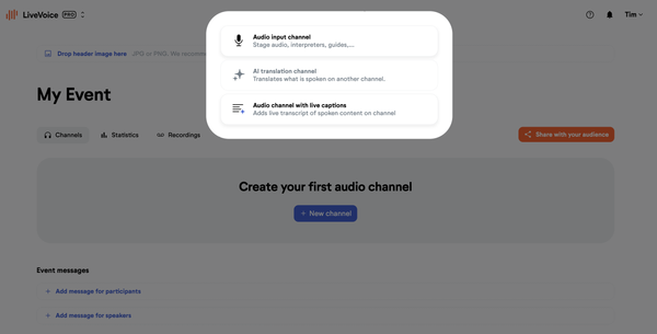 LiveVoice: Create events & channels