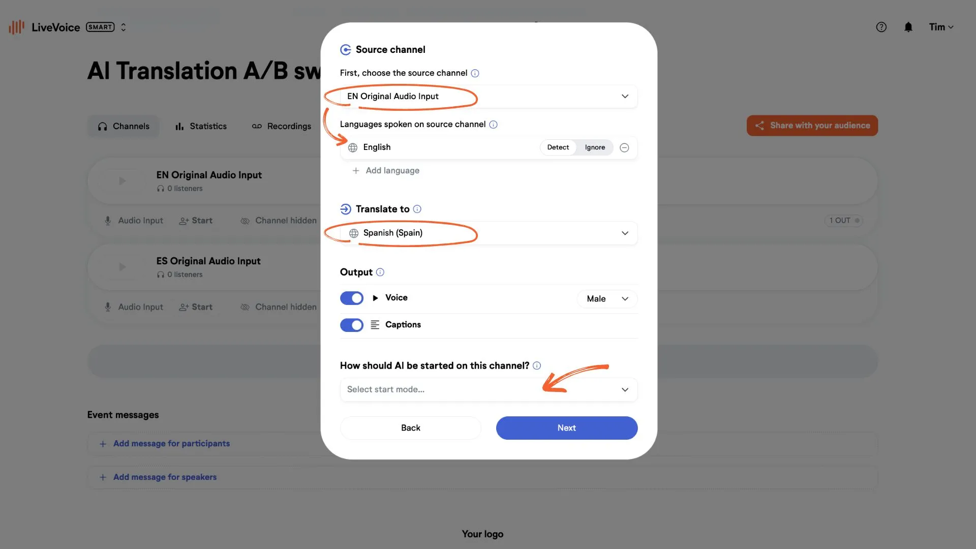 AI Translation Channels for A/B Switch