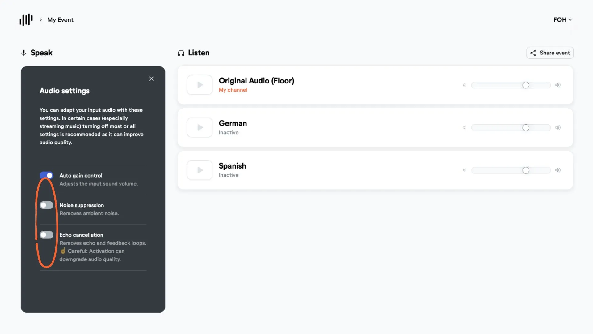 LiveVoice audio input settings