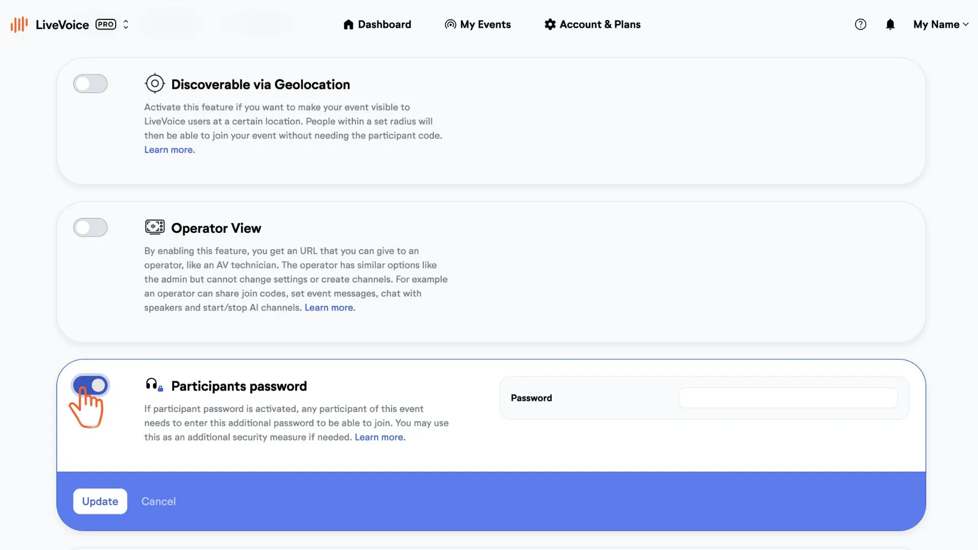participants password  optin