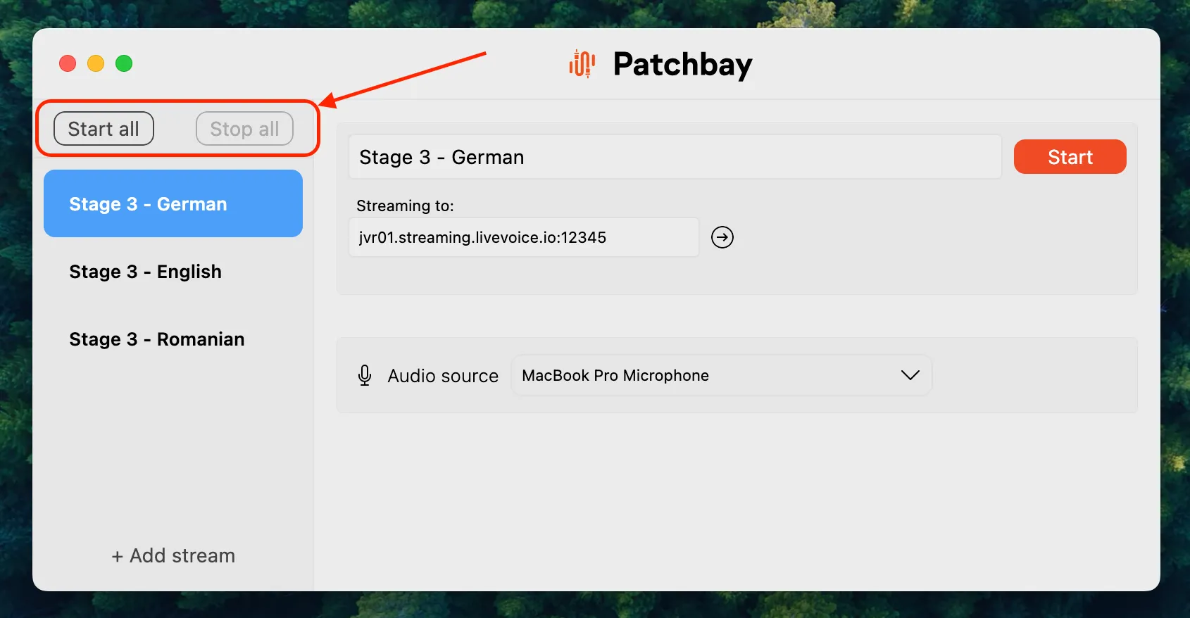 Image highlighting buttons that allow starting and stopping all streams at once